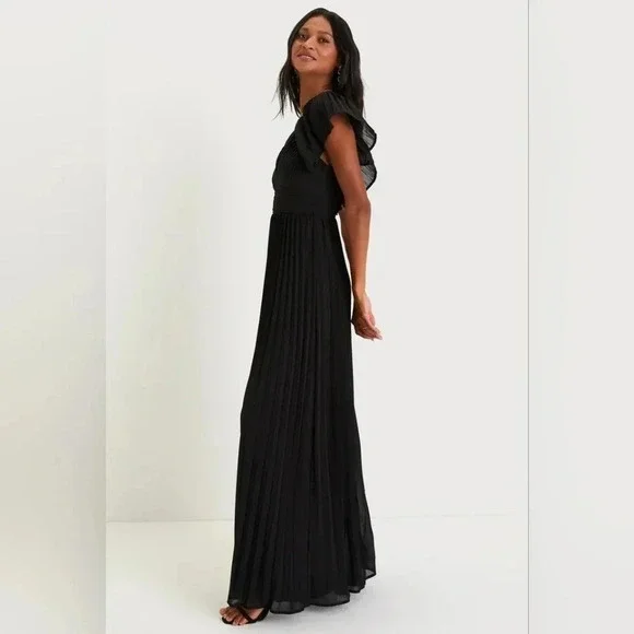 Lulu's Black Pleated Flutter Sleeve Backless Maxi Dress Wedding Party Guest NWT - Picture 4 of 14
